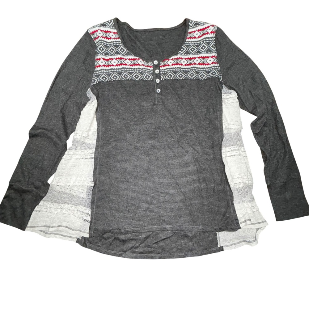 Boho Mixed Media Thermal Henley Top Grey Lace Fair Isle Waffle Knit Large